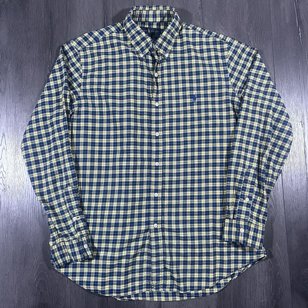 Polo Ralph Lauren Oxford Shirt Men Large Blue Yellow Pony Tartan Plaid Blue Pony
